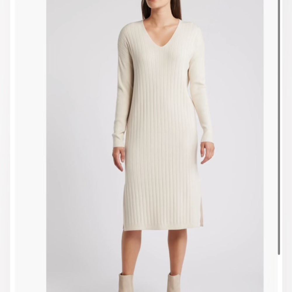 Love Olive Co Cream Long Sleeve Rib Sweater Dress Midi Length Size S